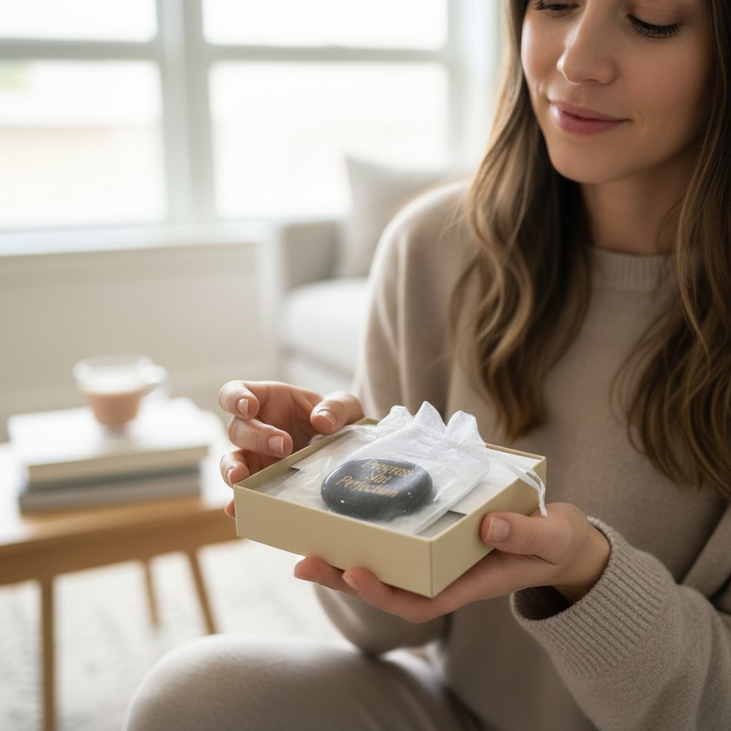 Woman holding black obsidian worry stone in gift box