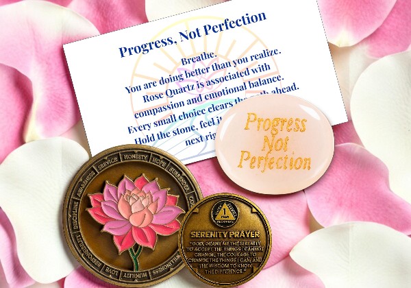 1 Year Lotus sobriety coin with rose quartz worry stone