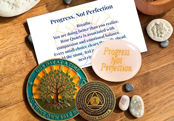 1 Year Tree of Life sobriety coin with rose quartz worry stone