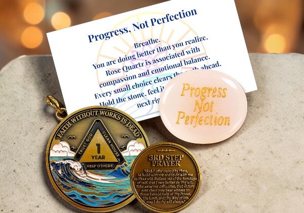 1 Year Waves sobriety coin with rose quartz worry stone