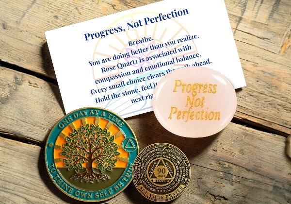 90 Day Tree of Life sobriety coin with rose quartz worry stone