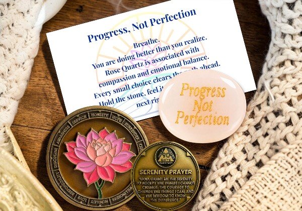 90 Day Lotus sobriety coin with rose quartz worry stone