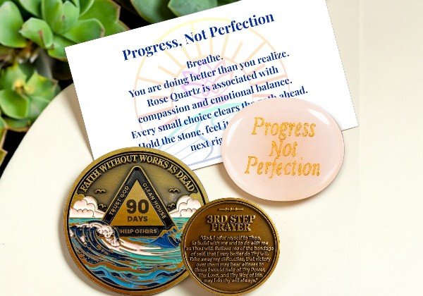 90 Day Waves sobriety coin with rose quartz worry stone