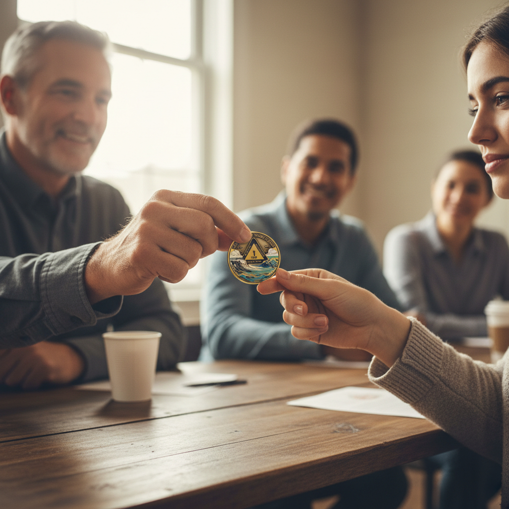 Coin being given as a gift in a group setting