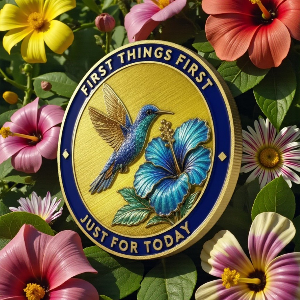 Hummingbird sobriety coin English First Things First Just for Today
