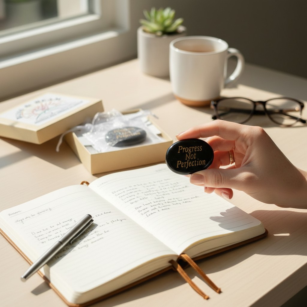 Black obsidian worry stone held over open journal