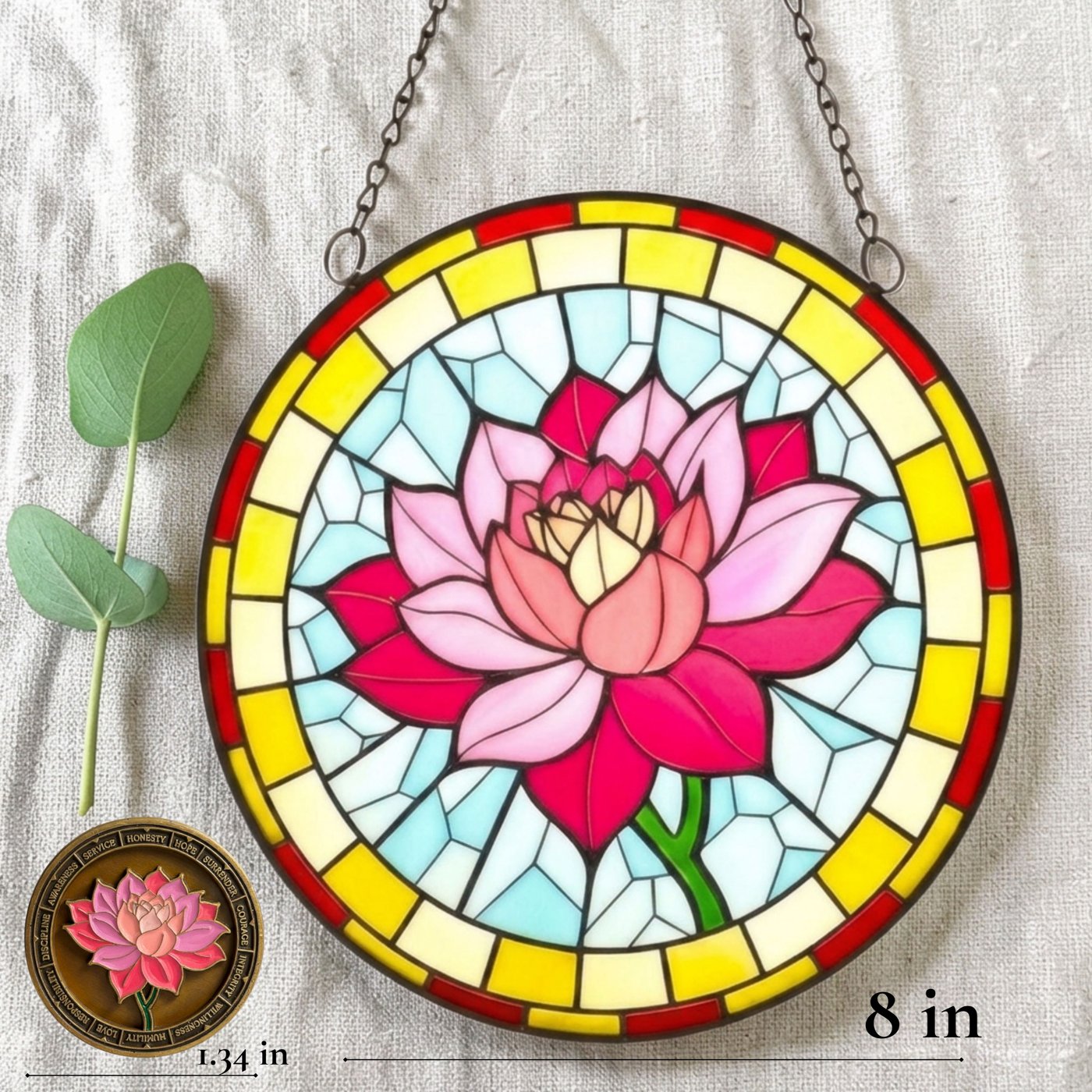 Lotus stained glass suncatcher paired with the 1 Year Lotus sobriety coin