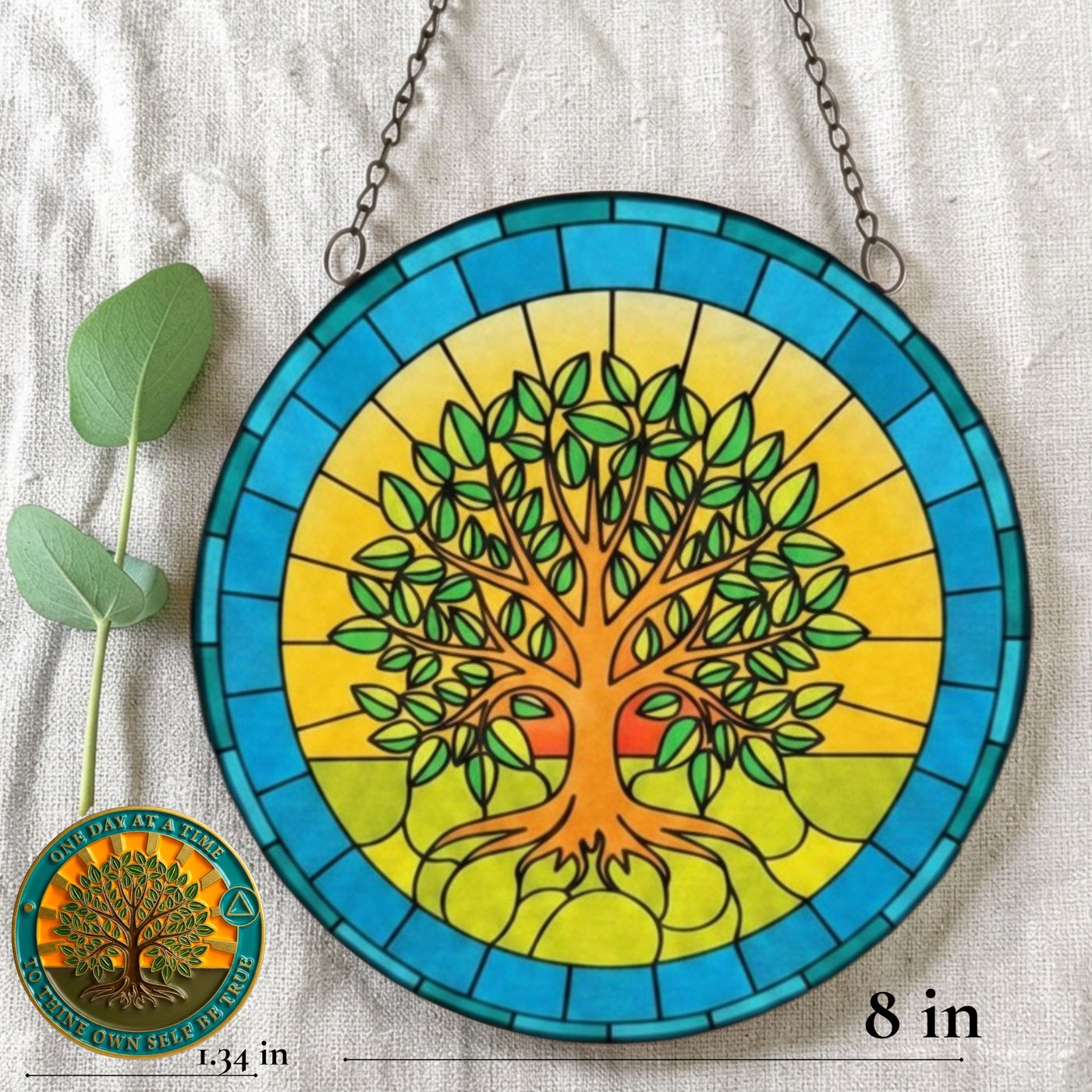 Tree of Life stained glass suncatcher paired with the 1 Year Tree of Life sobriety coin