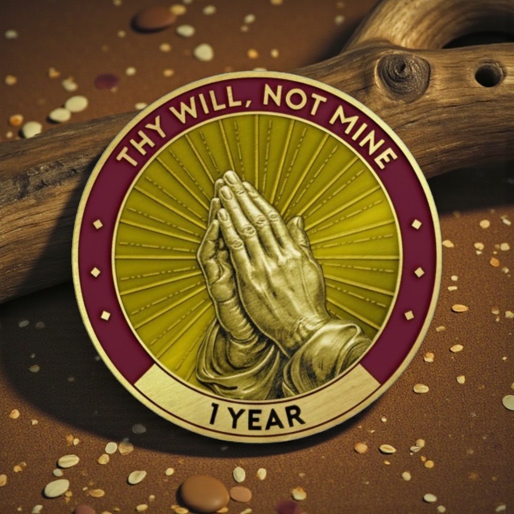 Praying Hands sobriety coin English Thy Will Not Mine