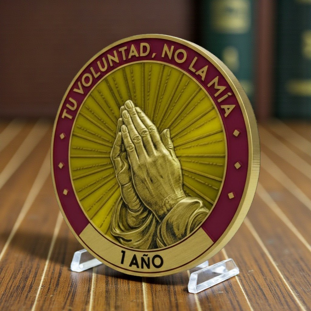 Moneda de sobriedad Manos Orando español Tu Voluntad No La Mia